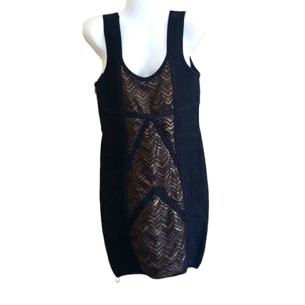 Bebe Black & Gold Cocktail Bandage Dress Sz Large